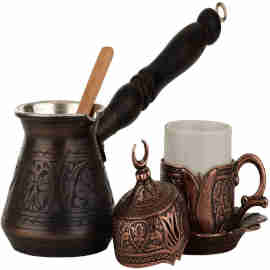 DEMMEX Turkish Greek Coffee Set for 1 with Engraved Copper Pot